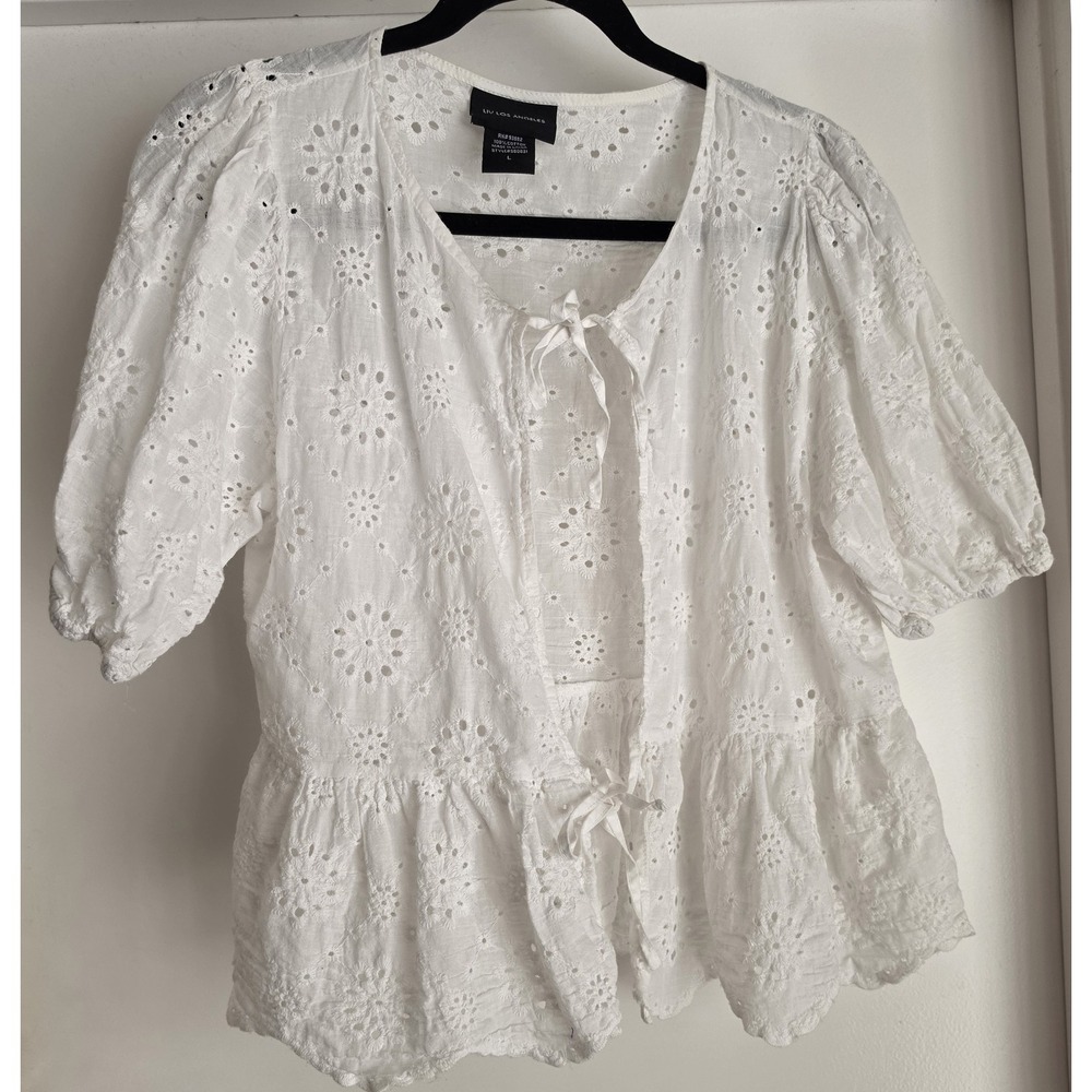 Liv Los Angeles Blouse Women L White Cotton Eyelet V-Neck Boho Top Shirt